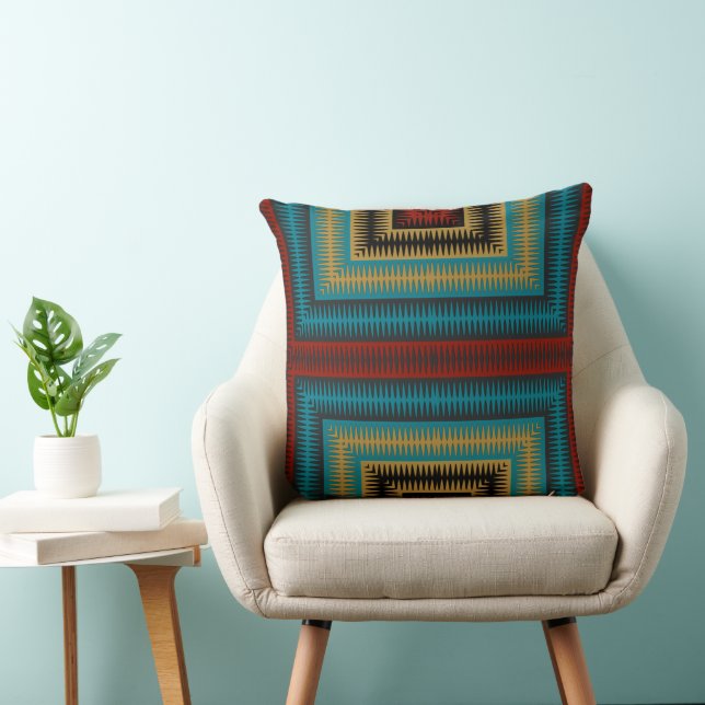 Turquoise red and yellow geometric throw pillow (Chair)