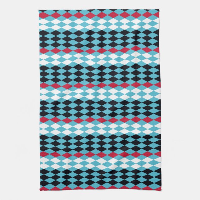Turquoise , red, black, white diamonds kitchen towel (Vertical)