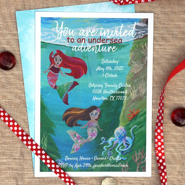 Turquoise, Red, Blue Mermaid Ocean Birthday Invitation (Mermaid birthday party theme invitations, red blue aquamarine, blue octopus )
