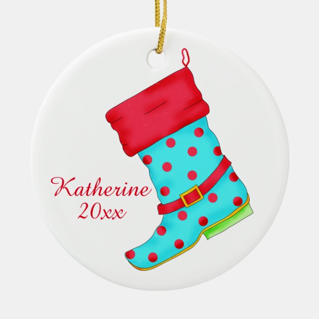 Turquoise Red Boot Art Shoe Lover Christmas Name Ceramic Ornament (Front)
