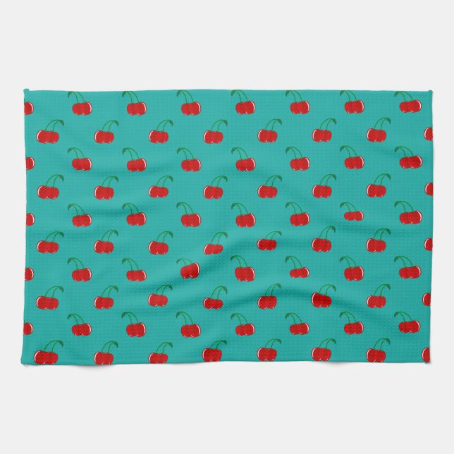 Turquoise red cherry pattern kitchen towel (Horizontal)