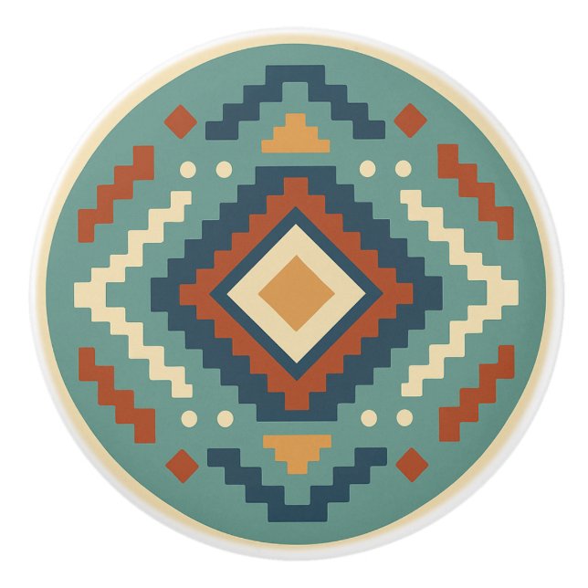 Turquoise Red Cobalt Zapotec Diamond Ceramic Knob (Front)