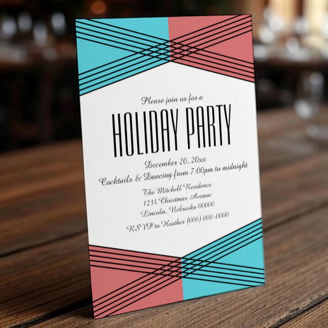 Turquoise Red Colourful Deco Holiday Party Invite (Turquoise Red Colorful Deco Holiday Party Invite)