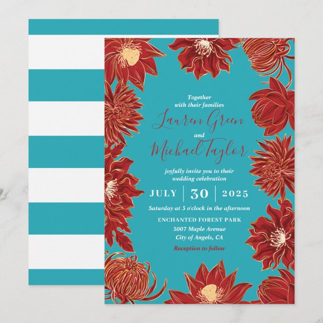 Turquoise Red Flower Oriental Floral Wedding Invitation (Front/Back)