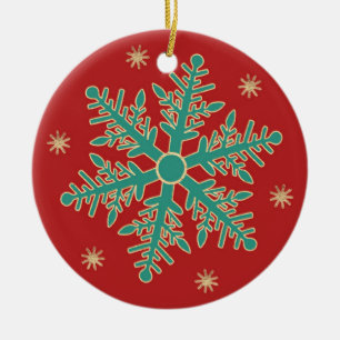 Turquoise Red Gold Christmas Snowflake Ceramic Ornament