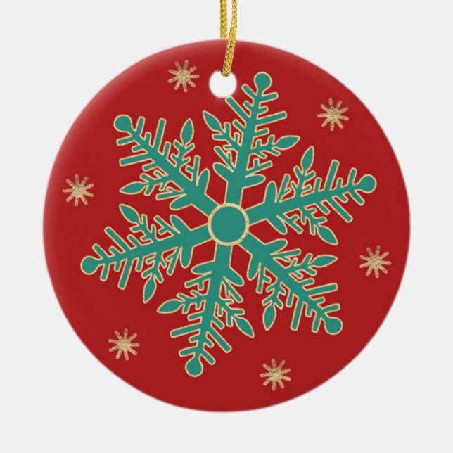 Turquoise Red Gold Christmas Snowflake Ceramic Ornament (Front)