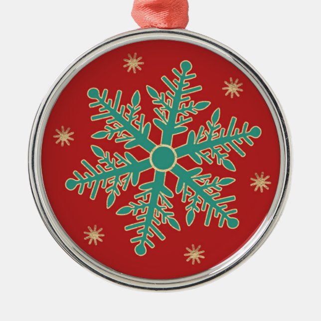 Turquoise Red Gold Christmas Snowflake Metal Ornament (Front)