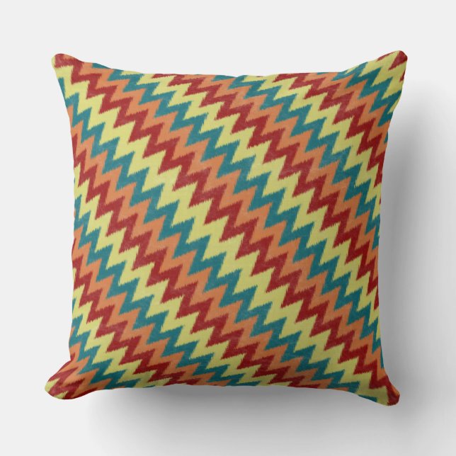 Turquoise, red, orange and yellow zigzag throw pillow (Front)
