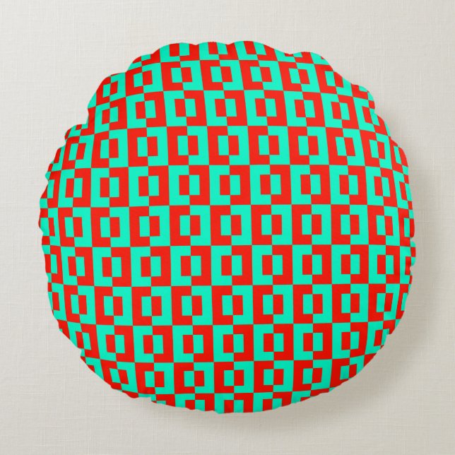 Turquoise&Red Tiles Design on Round Sofa Cushion (Front)