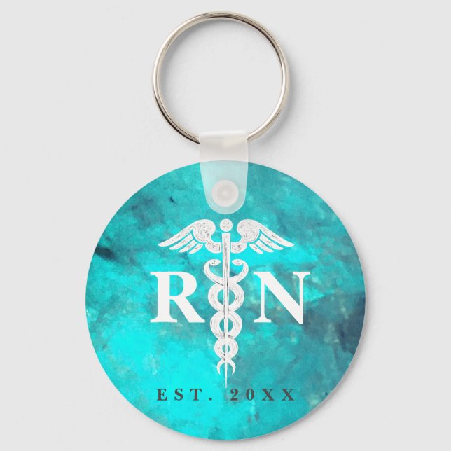 Turquoise Registered Nurse RN Caduceus Custom Year Keychain (Front)