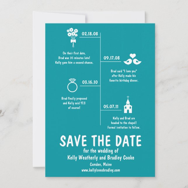 Turquoise Relationship Timeline Save the Date (Front)