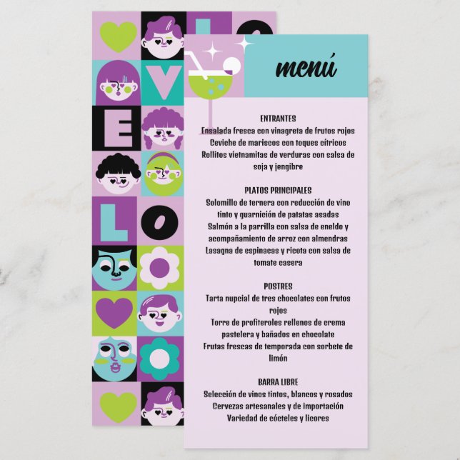 Turquoise retro and purple geometric pattern weddi menu (Front/Back)