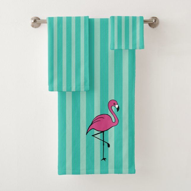 Turquoise Retro Flamingo Bath Towels Set Gift (Insitu)