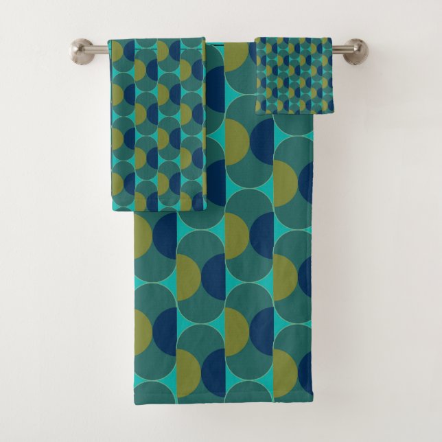 Turquoise Retro Ovals and Semi-Circles Bath Towel Set (Insitu)