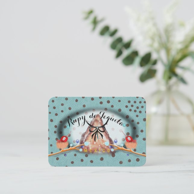 turquoise ribbon birds nest polka dots business card (Standing Front)
