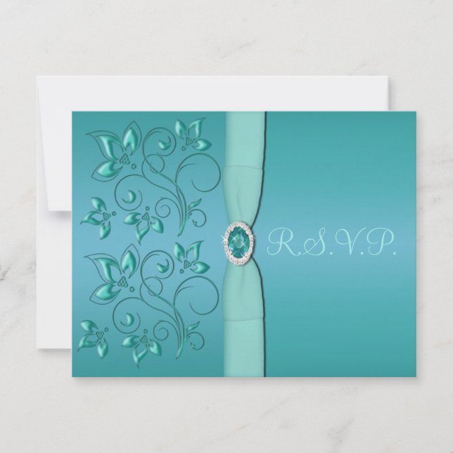 TURQUOISE RIBBON IMPRIMÉ, carte RSVP Aqua Floral (Devant)