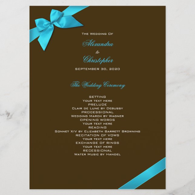 Turquoise Ribbon on Brown Wedding Program (Front)