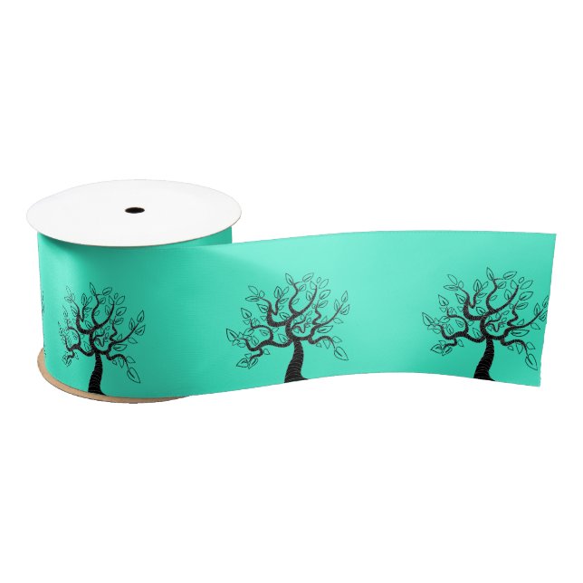 Turquoise Ribbon with Tree Art or Choose Colour Satin Ribbon (Spool)