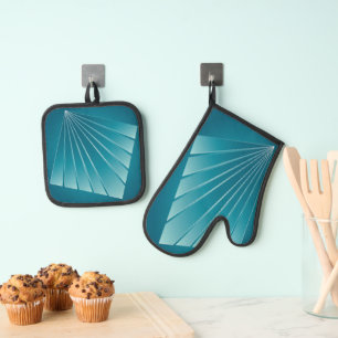 Turquoise ribbons oven mitt & pot holder set
