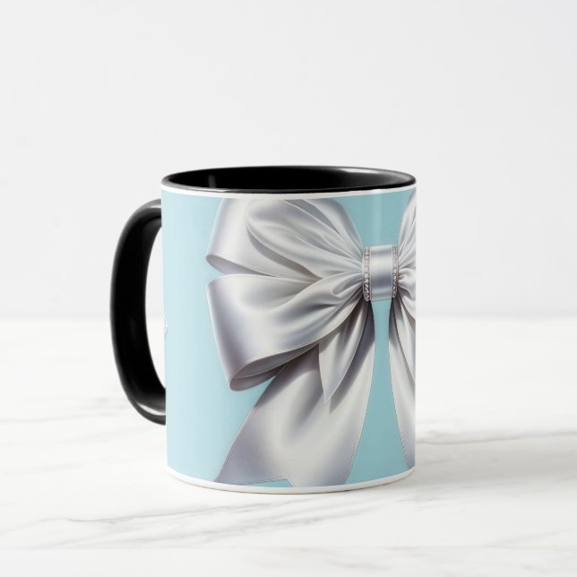 Turquoise Robin's Egg Blue Big White Bow Bridal  Mug (Front Left)