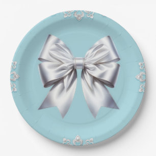 Turquoise Robin's Egg Blue Big White Bow Bridal Paper Plate