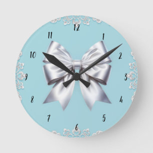 Turquoise Robin's Egg Blue Big White Bow Bridal Round Clock