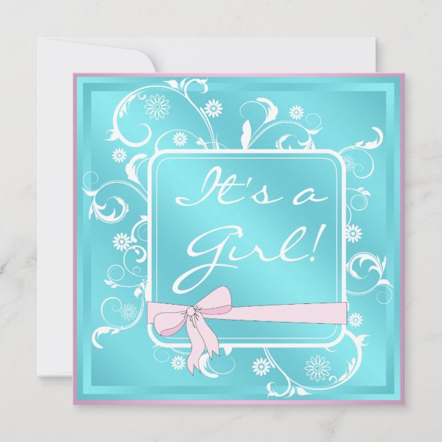 Turquoise rose blanc bébé fille douche Invitations (Devant)