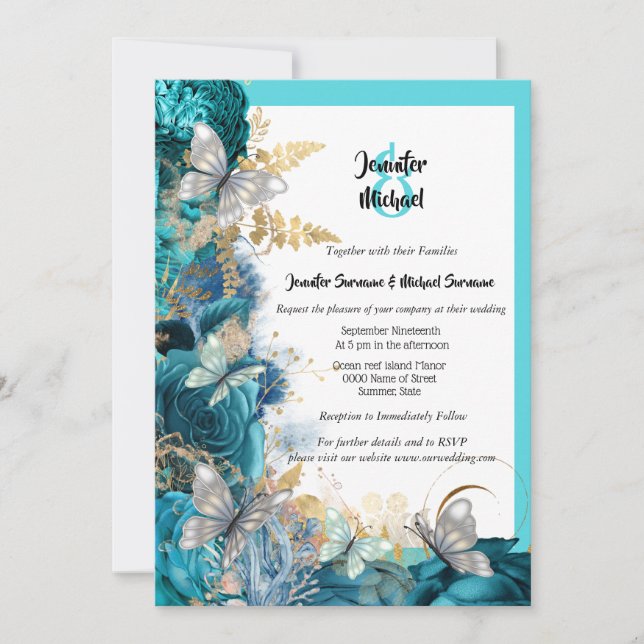 Turquoise rose butterfly blue silver gold wedding invitation (Front)