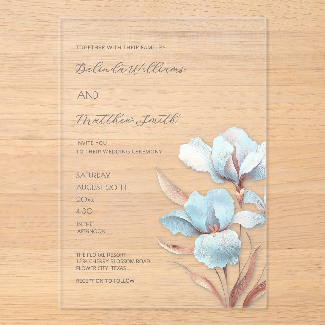 Turquoise Rose Gold 3D Flowers White Acrylic Invitations (Front)