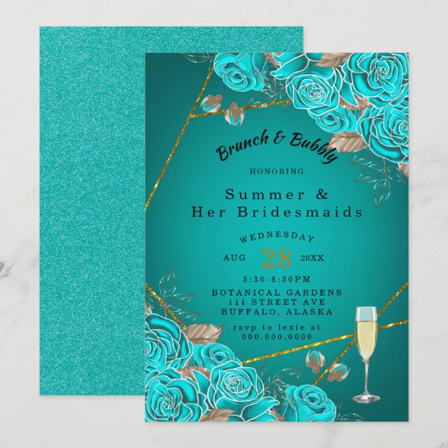 Turquoise Rose Gold Bridesmaids Luncheon  Invitation (Front/Back)
