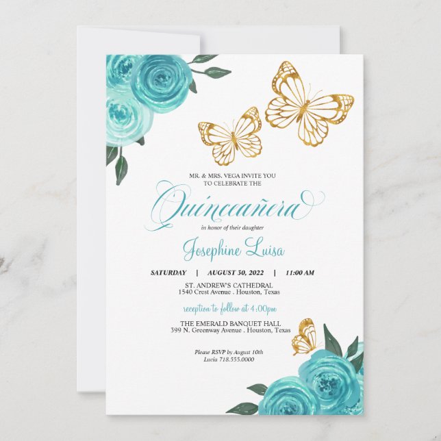 Turquoise Rose Gold Butterfly Quinceañera Birthday Invitation (Front)