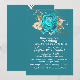 Turquoise Rose & Gold Feathers Wedding Invitation