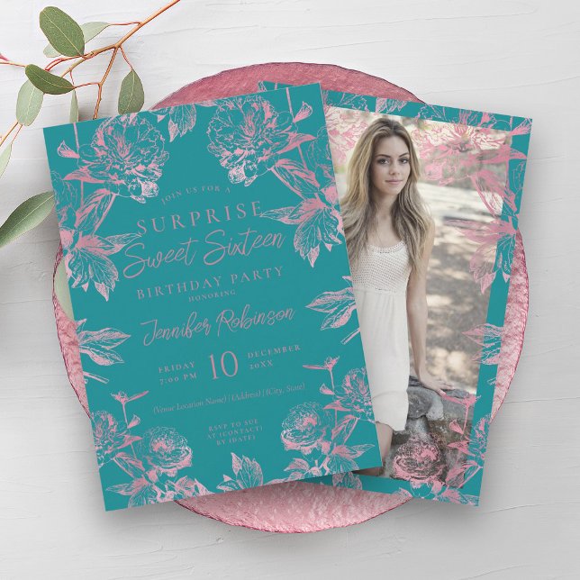 Turquoise Rose Gold Floral SURPRISE Sweet 16   Invitation (Turquoise Rose Gold Floral SURPRISE Sweet 16 Invitation)
