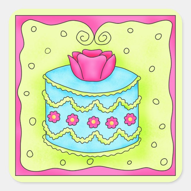Turquoise Rose Happy Birthday Cake Square Sticker (Front)