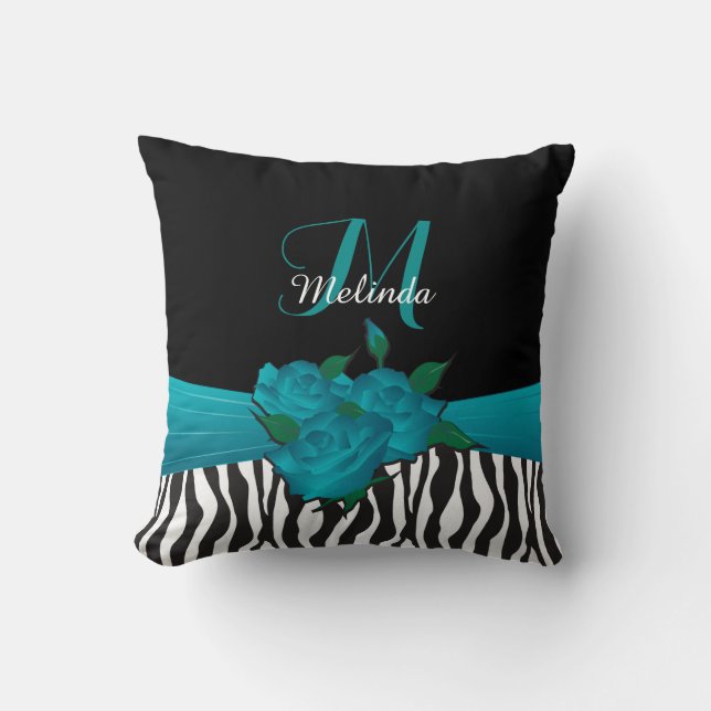 Turquoise Rose Zebra Animal Stripes Throw Pillow (Front)