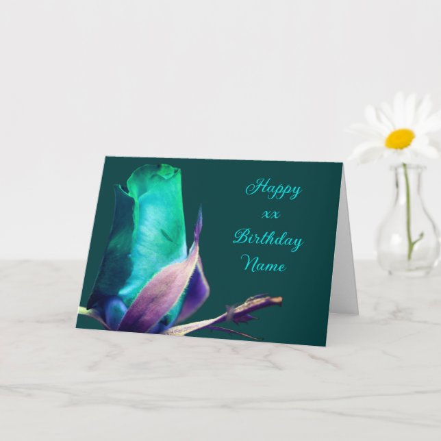 Turquoise Rosebud Flower Personalized Birthday  Card (Small Plant)