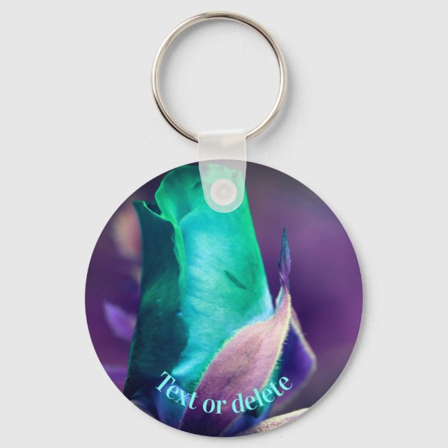 Turquoise Rosebud Flower Personalized Keychain (Front)