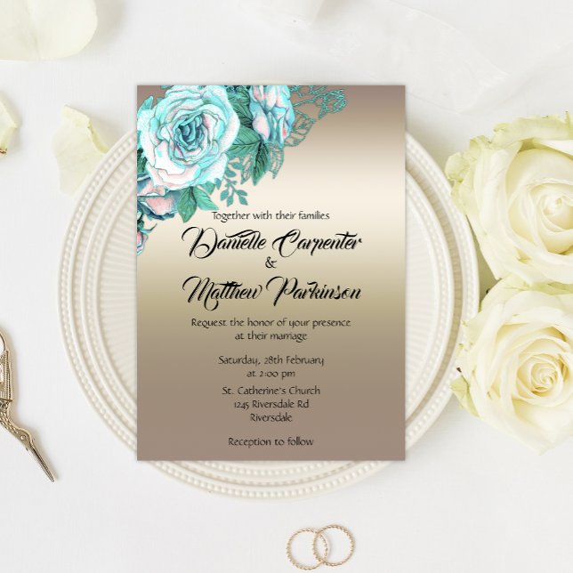 Turquoise Roses and Golden Elegance Wedding Invitation (Creator Uploaded)