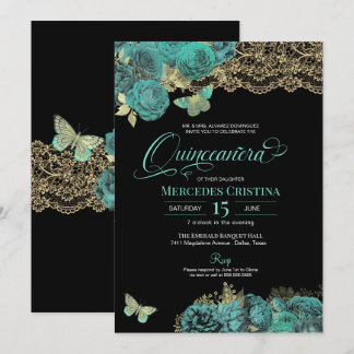 Turquoise Roses and Lace Butterfly Quinceañera Invitation