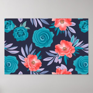 Turquoise Roses & Coral Flowers with Pastel Leaves Poster
