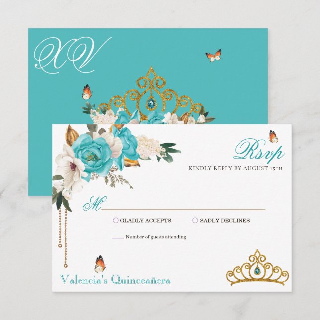 Turquoise Roses Gold Gemstone Tiara Quinceanera RSVP Card (Front/Back)