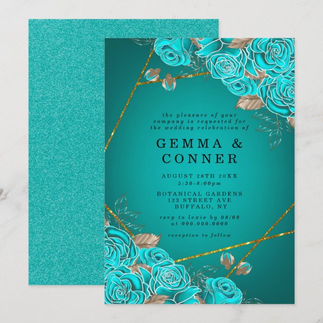 Turquoise Roses Gold Geometric Wedding (Front/Back)