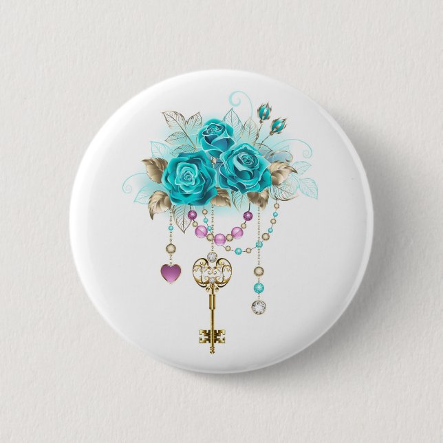 Turquoise Roses with Keys 2 Inch Round Button (Front)