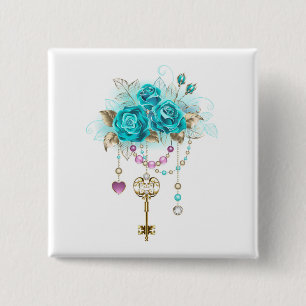 Turquoise Roses with Keys 2 Inch Square Button