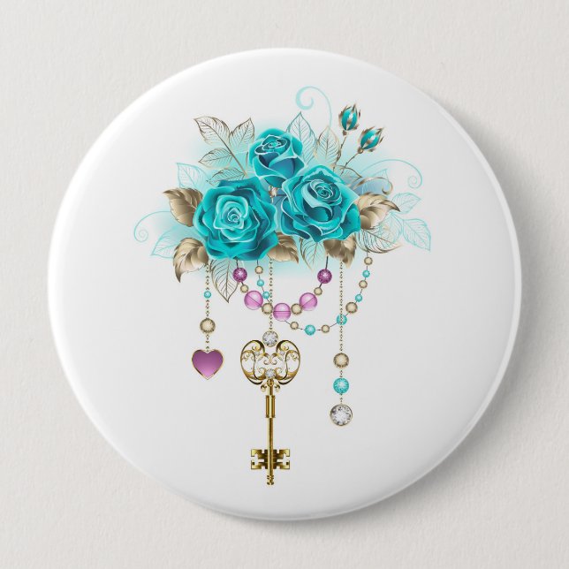 Turquoise Roses with Keys 4 Inch Round Button (Front)