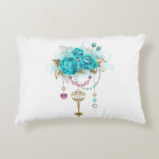 Turquoise Roses with Keys Accent Pillow (Front)