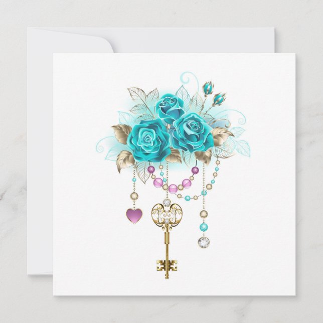 Turquoise Roses with Keys Announcement (Front)