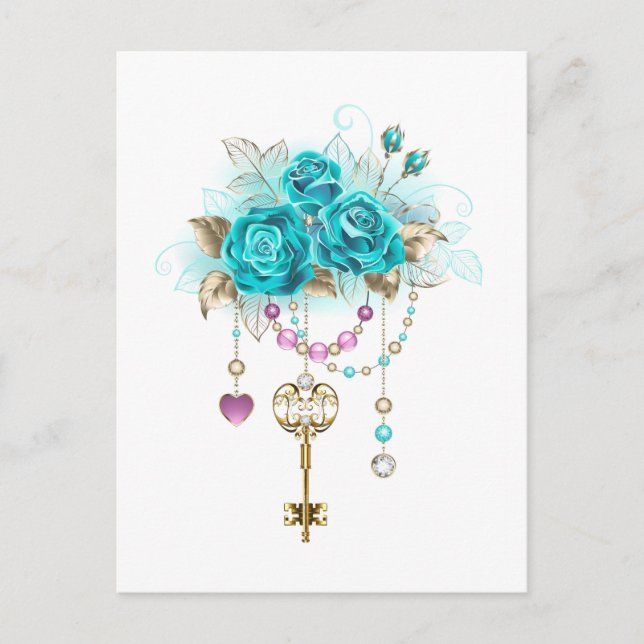 Turquoise Roses with Keys Announcement Postcard (Front)