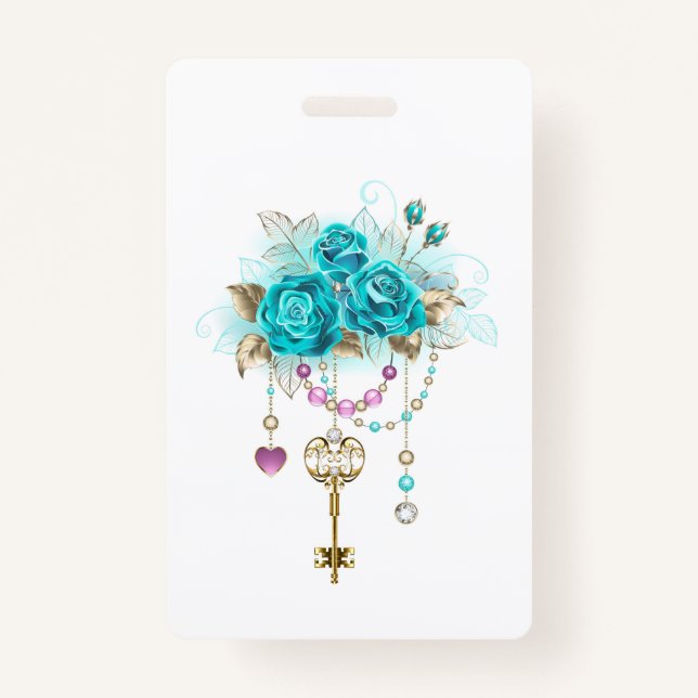 Turquoise Roses with Keys Badge (Front)
