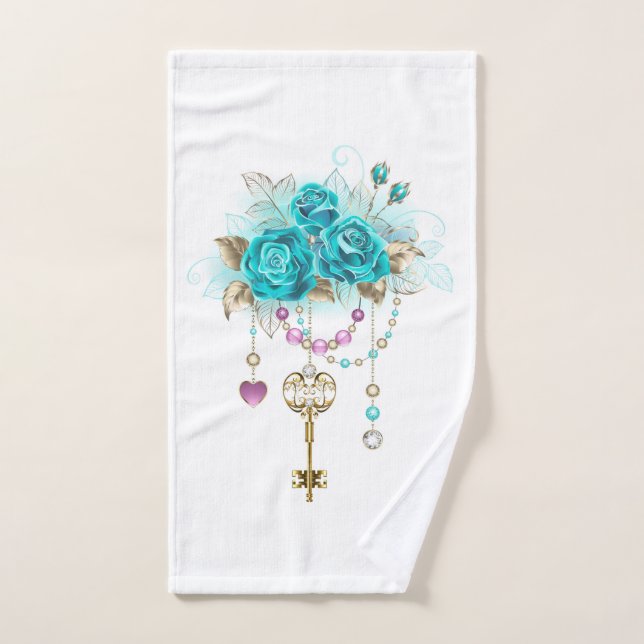 Turquoise Roses with Keys Bath Towel Set (Hand Towel)